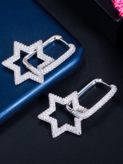 Platinum White Brass Cubic Zirconia Geometric Luxury Huggie Earring