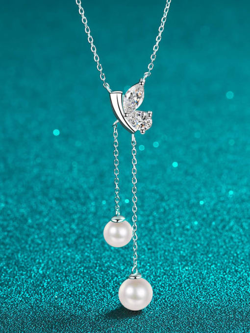 1 carat Mosan 6mm 8mm pearl 925 Sterling Silver Moissanite Butterfly Dainty Tassel Necklace