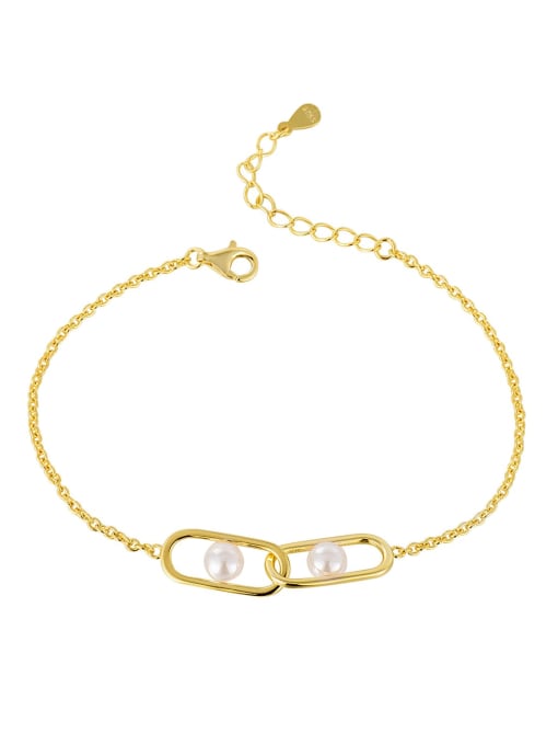 Gold Pearl Bracelet 925 Sterling Silver Freshwater Pearl Geometric Minimalist Link Bracelet