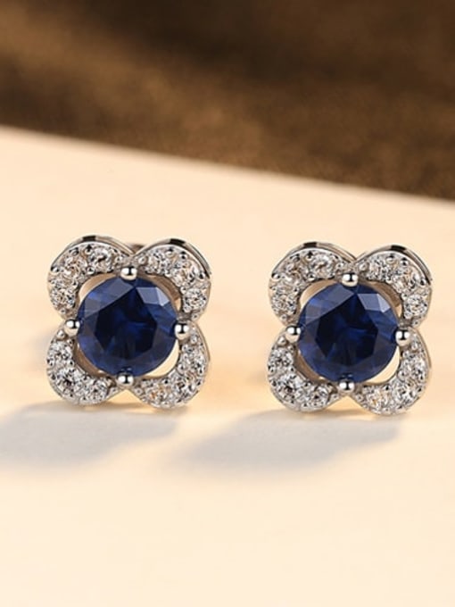 18G07 925 Sterling Silver Cubic Zirconia Blue Flower Luxury Stud Earring