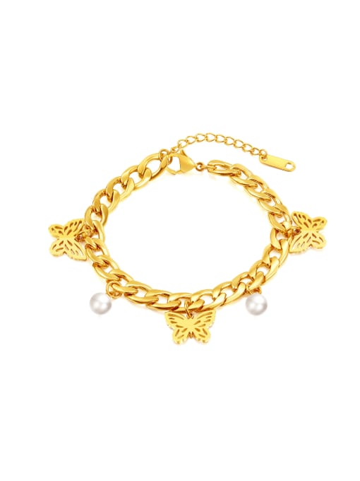 1386  Gold Titanium Steel Imitation Pearl Butterfly Minimalist Link Bracelet