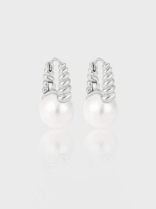DAKA 925 Sterling Silver Imitation Pearl Geometric Minimalist Huggie Earring 2