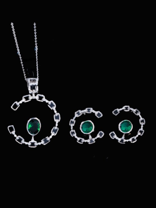 green Brass Cubic Zirconia Luxury Oval Earring and Necklace Set