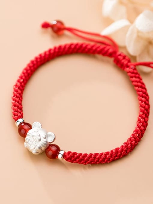FAN 999 Sterling Silver With  White Gold Plated Cute Mouse Red Rope Hand Woven Bracelets 2