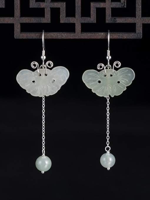 SILVER MI 925 Sterling Silver Jade Butterfly Vintage Hook Earring 1