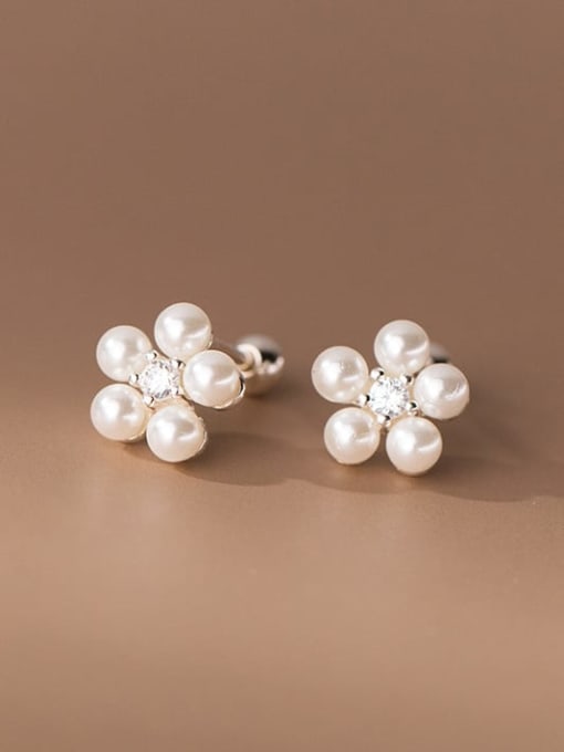 Thread White Diamond 925 Sterling Silver Imitation Pearl Flower Cute Stud Earring