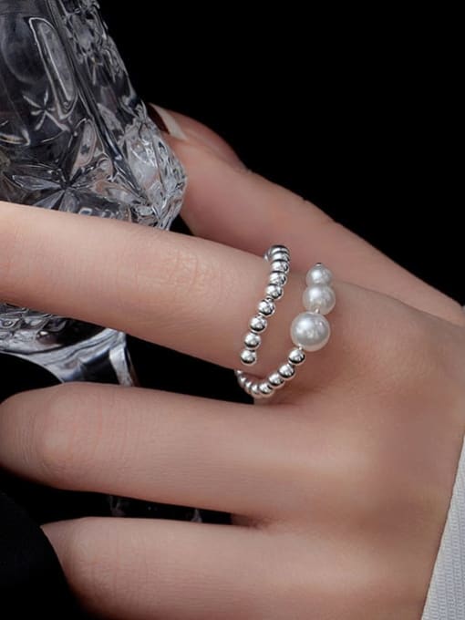 BeiFei Minimalism Silver 925 Sterling Silver Imitation Pearl Geometric Minimalist Stackable Ring 3