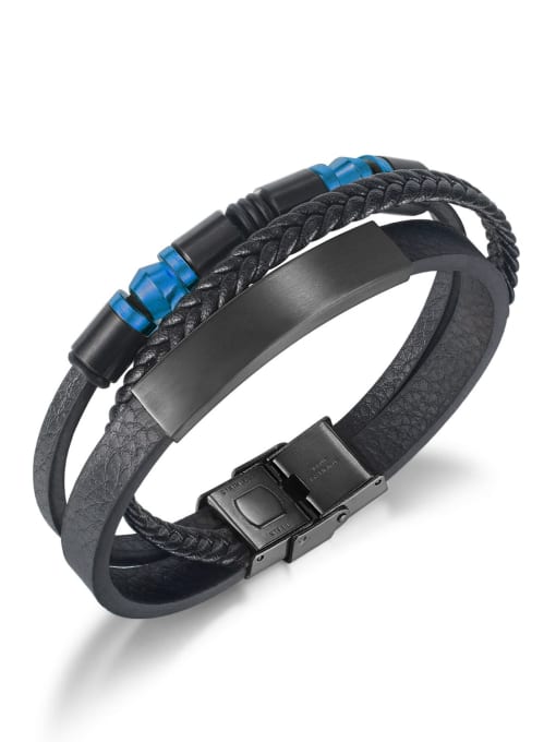 1485 Blue Leather Bracelet Titanium Steel Leather Geometric Hip Hop Strand Bracelet