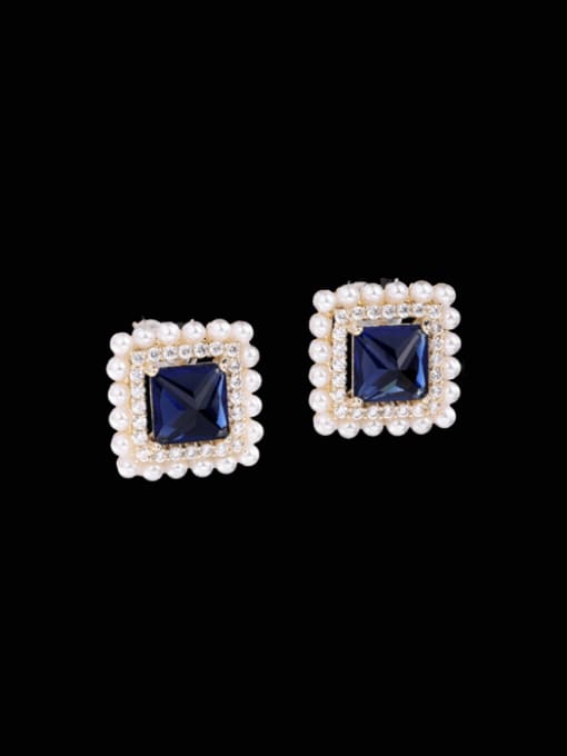 blue Brass Imitation Pearl Square Minimalist Stud Earring