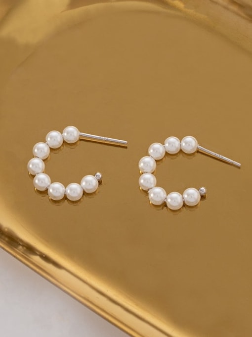 ES2045 【 Large Platinum 】 925 Sterling Silver Imitation Pearl Geometric Minimalist Stud Earring