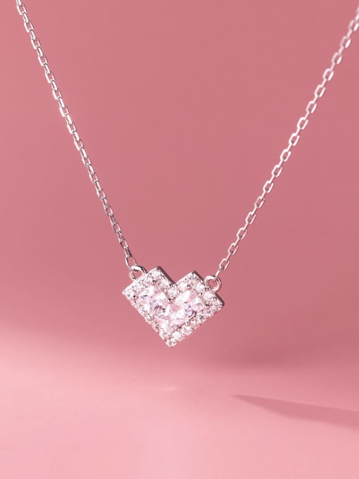 Silver 925 Sterling Silver Cubic Zirconia Heart Minimalist Necklace