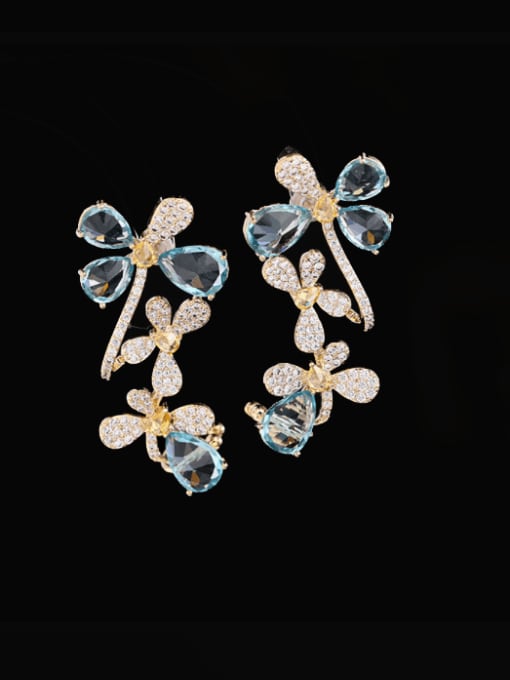 blue Brass Cubic Zirconia Dragonfly Luxury Cluster Earring