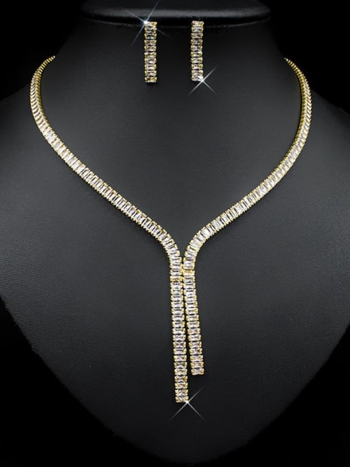 Platinum +yellow Brass Cubic Zirconia Luxury Tassel Earring and Necklace Set