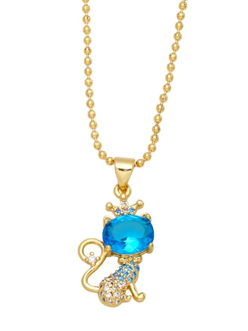 Light blue Brass Cubic Zirconia Crown Vintage Cat Pendant Necklace