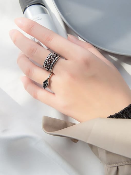 Rosh 925 Sterling Silver Punk style carved black diamond Hollow Pattern Free Size Ring 3