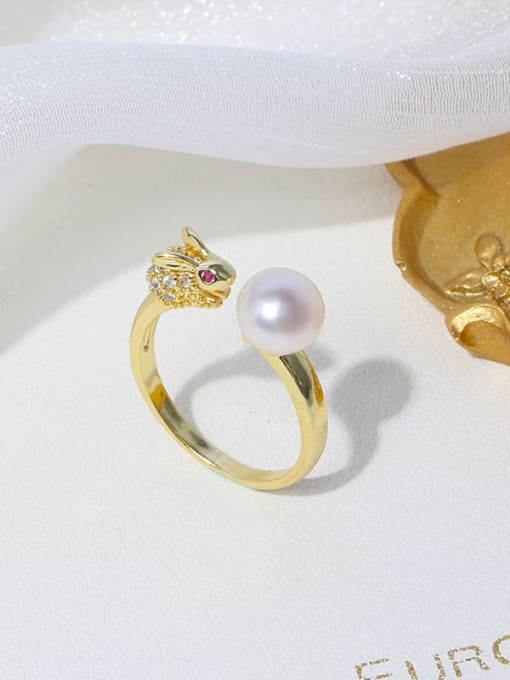 RAIN Brass Freshwater Pearl Cat Vintage Band Ring 2