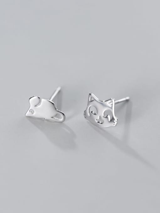 Rosh 925 Sterling Silver Minimalist  Cat mouse Asymmetry Stud Earring 2