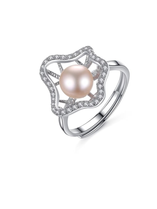 Pink 10A07 925 Sterling Silver Pink Freshwater Pearl fashion zircon flower special shaped band ring
