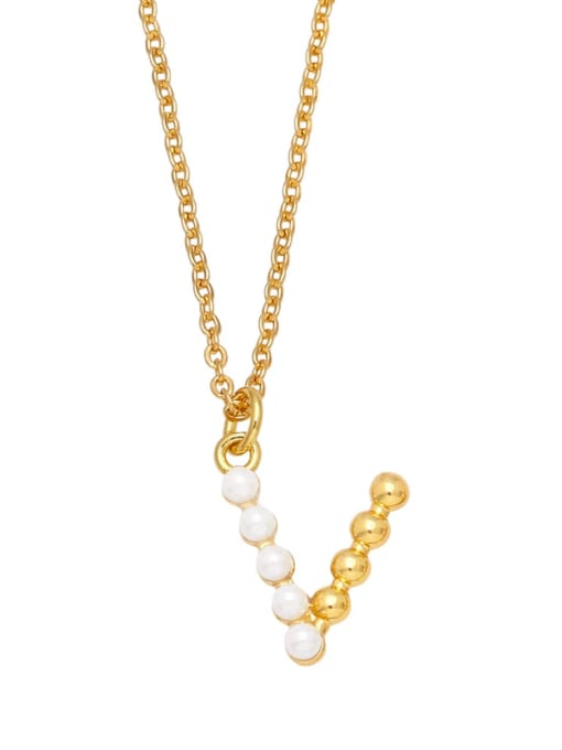 V Brass Imitation Pearl Letter Minimalist Necklace