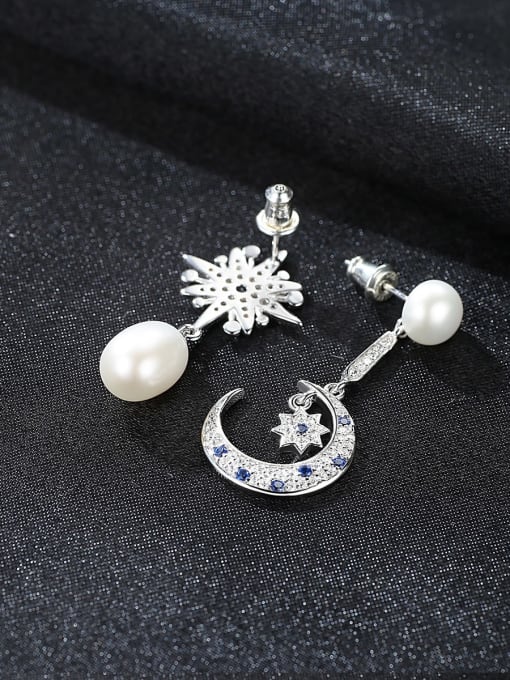 CCUI 925 Sterling Silver Fashion Asymmetric Snowflake Moon Freshwater Pearl Drop Earring 1