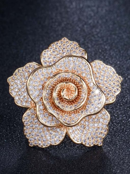 Gold US 7 Brass Cubic Zirconia Flower Luxury Statement Ring