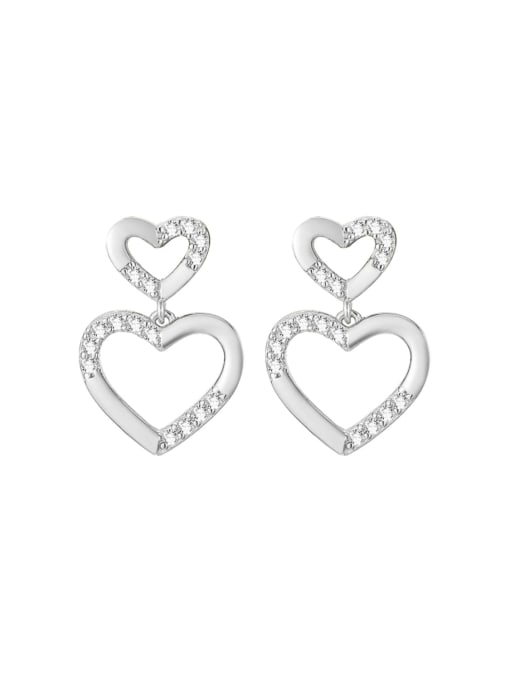 Platinum 925 Sterling Silver Rhinestone Heart Minimalist Drop Earring