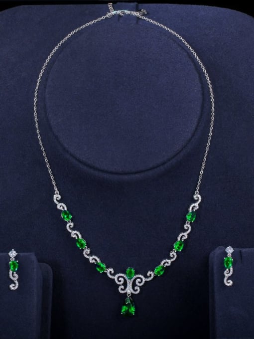 green Copper Cubic Zirconia Luxury Flower Earring and Necklace Set