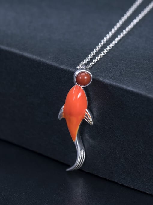 SILVER MI 925 Sterling Silver Carnelian  Minimalist Fish Pendant Necklace 2