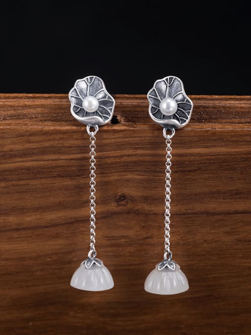 SILVER MI 925 Sterling Silver Jade Flower Vintage Drop Earring 2