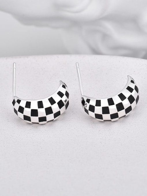 Black and white lattice arc Earrings 925 Sterling Silver Enamel Geometric Minimalist Stud Earring