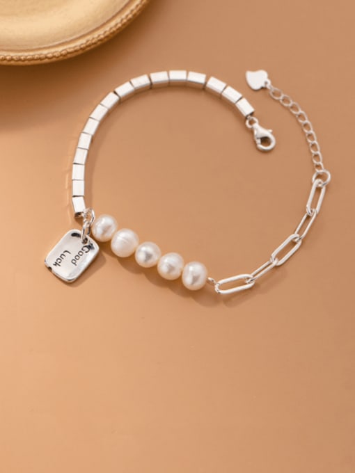 Rosh 925 Sterling Silver Freshwater Pearl Geometric Minimalist Link Bracelet