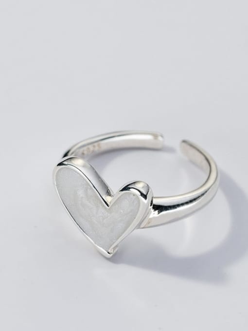 S925 Silver Ring White Gel (Silver) 925 Sterling Silver Enamel Heart Minimalist Band Ring