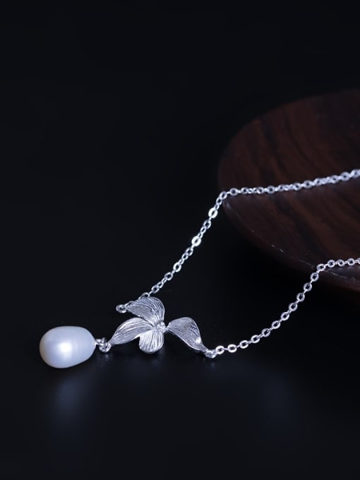 SILVER MI 925 Sterling Silver Freshwater Pearl Flower Vintage Necklace 2