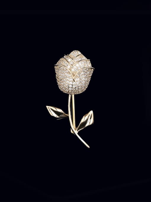 golden Brass Cubic Zirconia Flower Luxury Brooch
