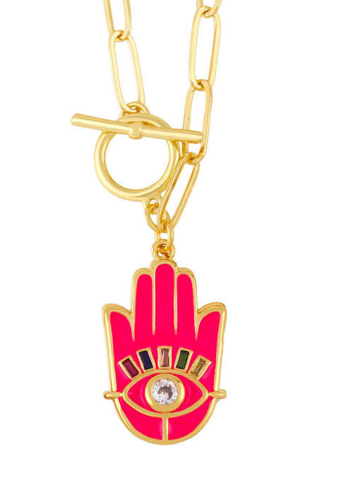 Rose red Brass Enamel Evil Eye Vintage palm Pendant Necklace