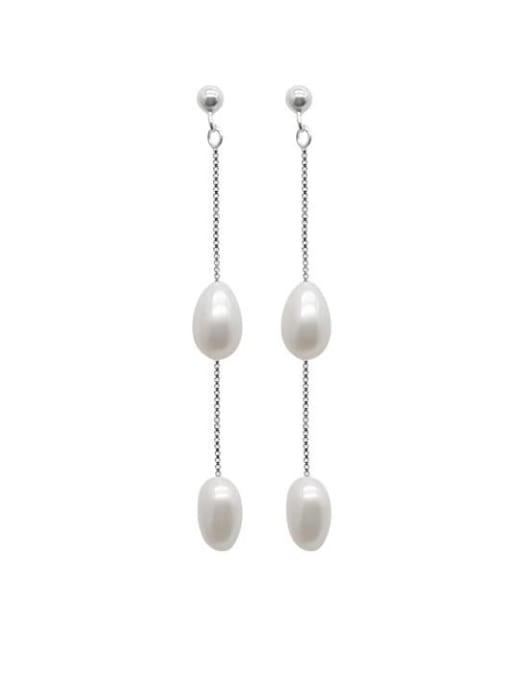 Silver 925 Sterling Silver Freshwater Pearl Geometric Minimalist Drop Earring