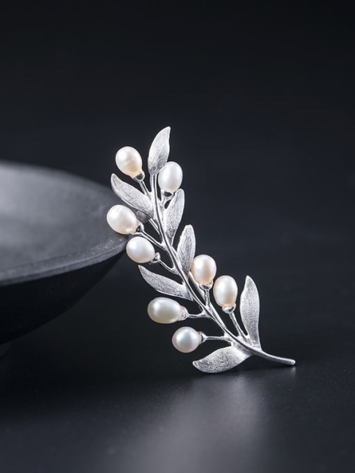 Silver olive branch 925 Sterling Silver Imitation Pearl Leaf Vintage Brooch
