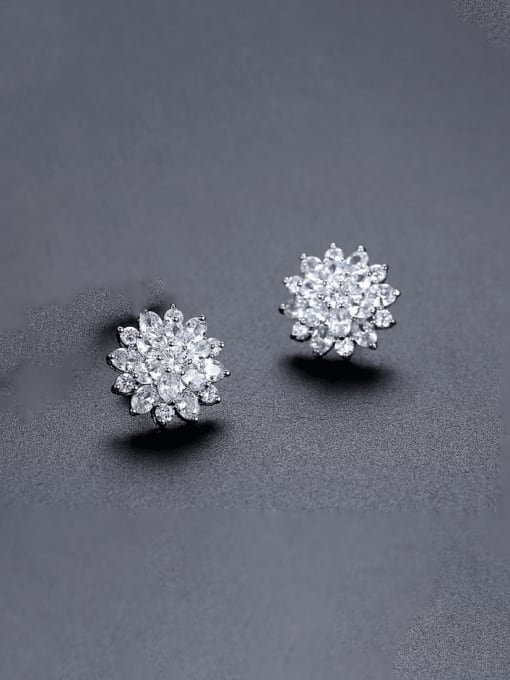 E15042407 Rh Brass Cubic Zirconia Flower Luxury Cluster Earring