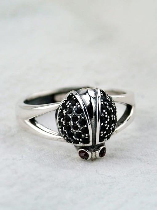 SHUI Vintage Sterling Silver With Antique Silver Plated Cute Ladybug  Free Size Rings 0