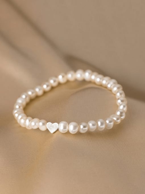 Rosh 925 Sterling Silver Imitation Pearl Heart Minimalist Stretch Bracelet 1