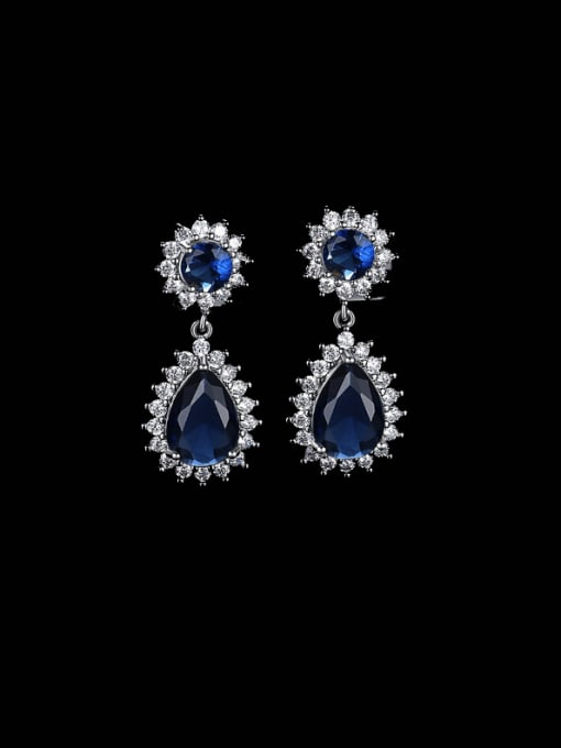 NEB2235 Blue Brass Cubic Zirconia Water Drop Luxury Cluster Earring