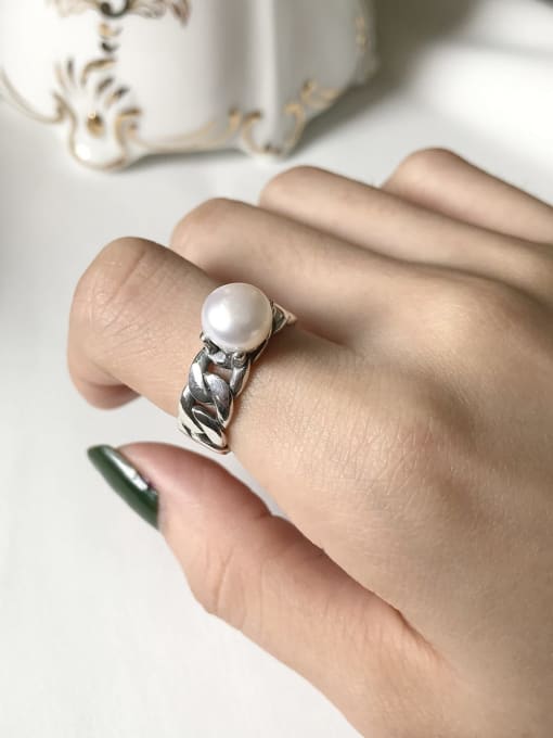 Boomer Cat 925 Sterling Silver  Imitation Pearl Simple Retro  Free Size Rings 0