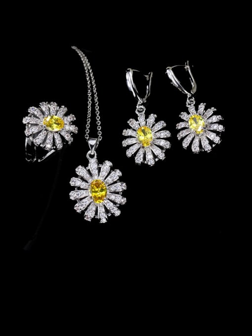 L.WIN Brass Cubic Zirconia Luxury Flower  Earring Ring and Necklace Set 4