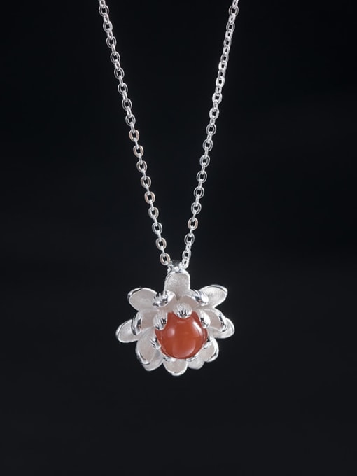 South Red Lotus Chain 925 Sterling Silver Carnelian Flower Vintage Necklace