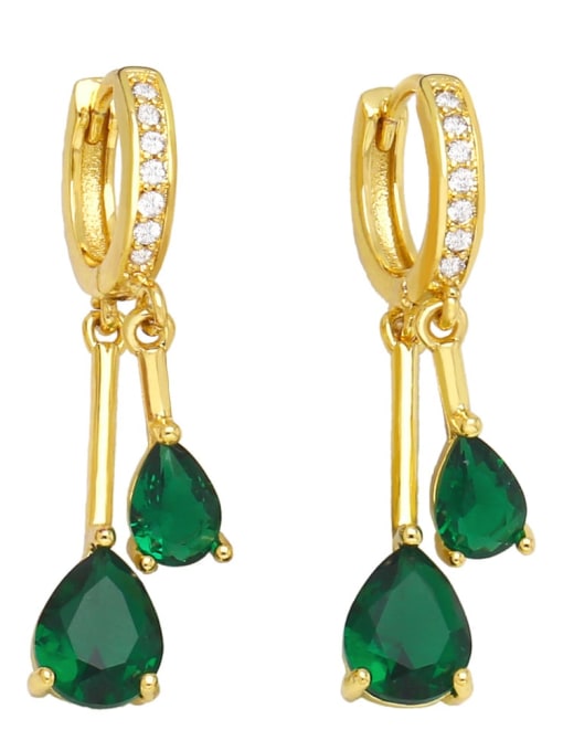 green Brass Cubic Zirconia Water Drop Vintage Huggie Earring