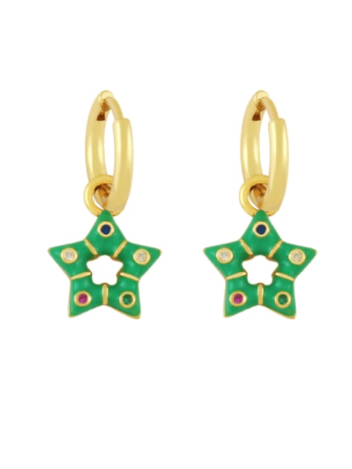 green Brass Multi Color Enamel Star Vintage Huggie Earring