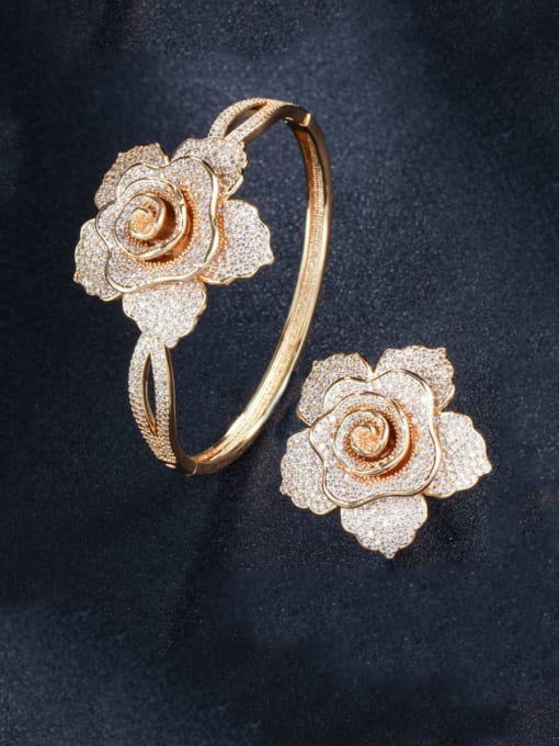 Gold US   8 Brass Cubic Zirconia Luxury Flower  Ring and Bangle Set