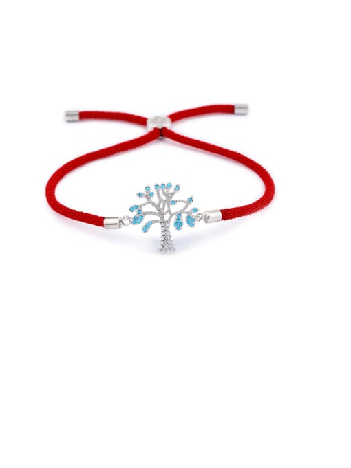 Red rope Silver Brass Cubic Zirconia Tree Minimalist Adjustable Bracelet