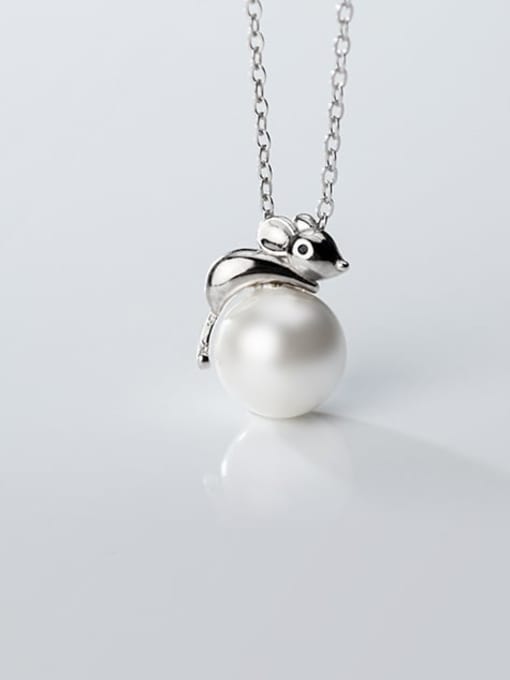 Rosh 925 Sterling Silver Imitation Pearl  Cute Mouse   Pendant   Necklace 0