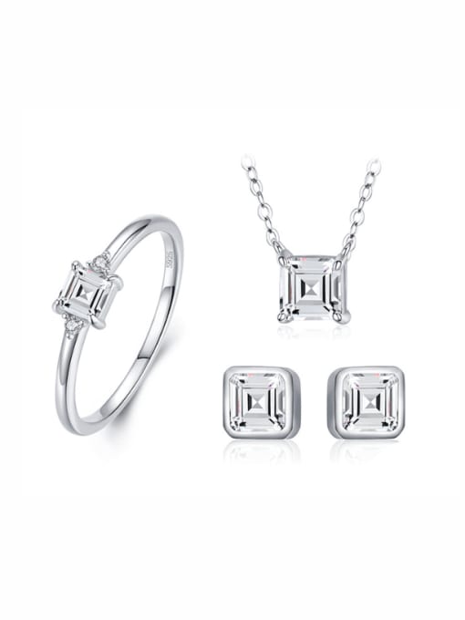 MODN 925 Sterling Silver Cubic Zirconia Minimalist Square  Earring Ring and Necklace Set 0